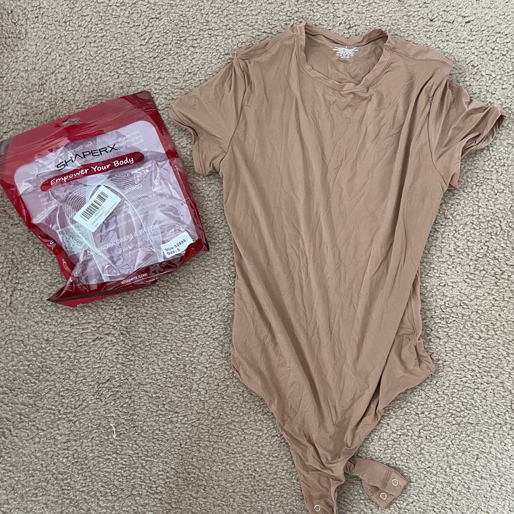 Shaperx bodysuit NWT beige/tan crew neck short sleeve